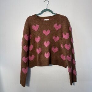 &merci Brown Pink Heart Pattern Knit Crewneck Sweater womens Medium